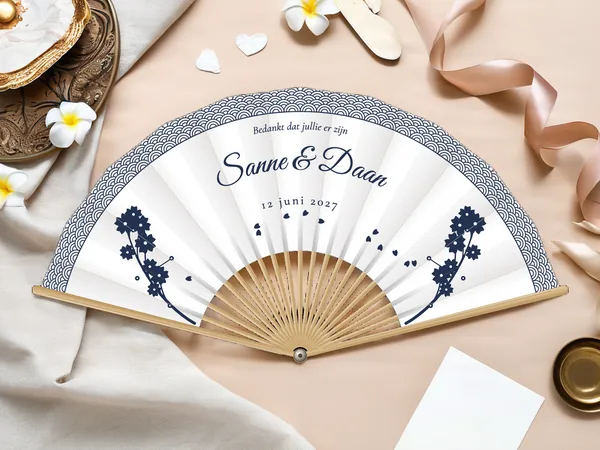 Gepersonaliseerde bruiloftwaaier "Sakura" met de namen Sanne & Daan, golffries langs de rand en kersenbloesemtakken aan de zijkanten, witte stof met marineblauwe opdruk, op een bruiloftstafel